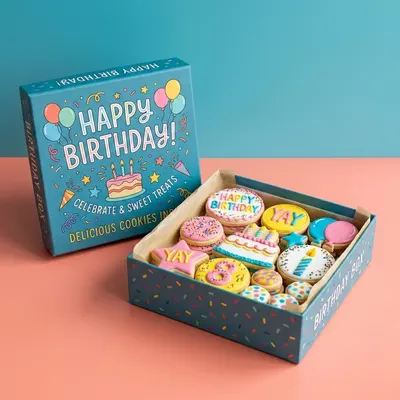 Birthday Cookie Boxes photographed from a second angle showing the side panel