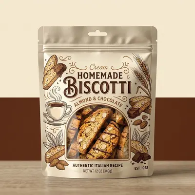 Biscotti Mylar Bags shown as a finished custom-printed pack