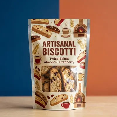 Biscotti Mylar Bags photographed from a second angle showing the side panel