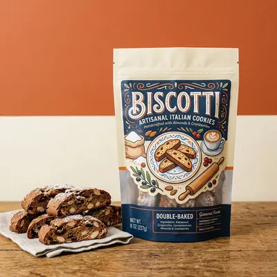 Biscotti Mylar Bags displayed with the closure detail visible