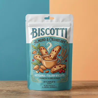 Biscotti Mylar Bags presented alongside its printed surface detail