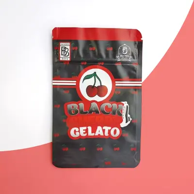 Black Cherry Gelato Mylar Bags shown as a finished custom-printed pack
