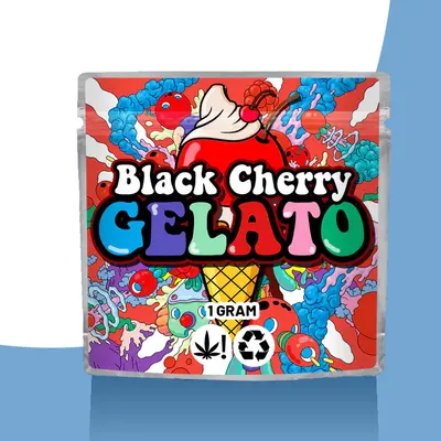 Black Cherry Gelato Mylar Bags displayed with the closure detail visible