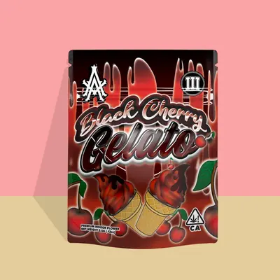Black Cherry Gelato Mylar Bags shown at an angle that reveals the depth of the pack
