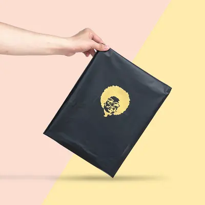 Black Poly Mailers presented alongside its printed surface detail