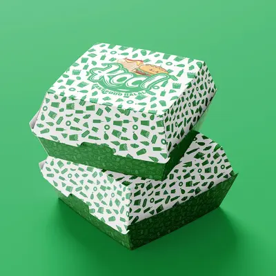 Burger Boxes photographed from a second angle showing the side panel