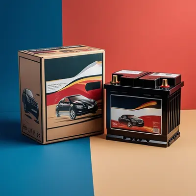 Car Battery Packaging photographed from a second angle showing the side panel