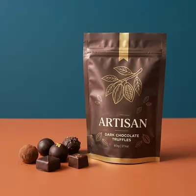 Chocolate Pouches shown at an angle that reveals the depth of the pack