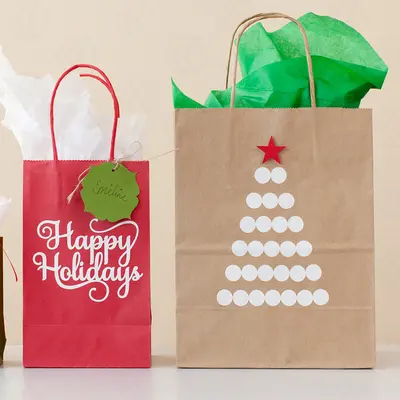 Christmas Gift Bags photographed from a second angle showing the side panel