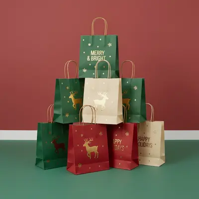 Christmas Paper Bags shown at an angle that reveals the depth of the pack