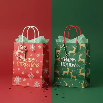 Christmas Paper Bags presented alongside its printed surface detail