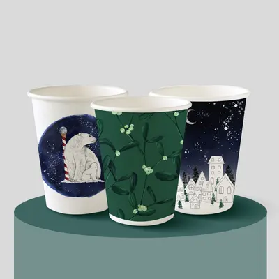 Christmas Paper Cups photographed from a second angle showing the side panel