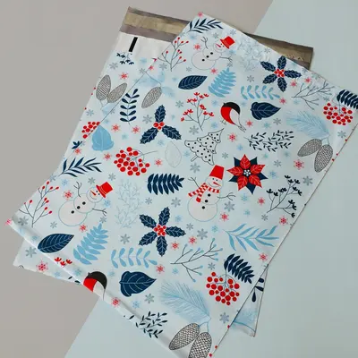 Christmas Poly Mailers photographed from a second angle showing the side panel