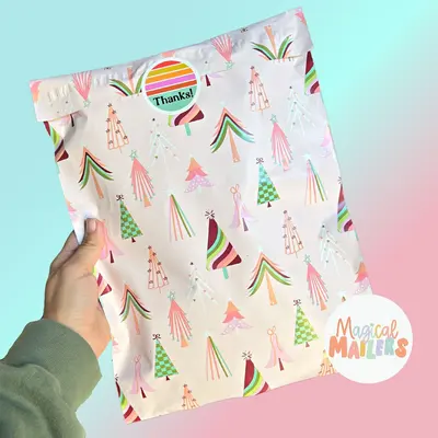Christmas Poly Mailers shown at an angle that reveals the depth of the pack