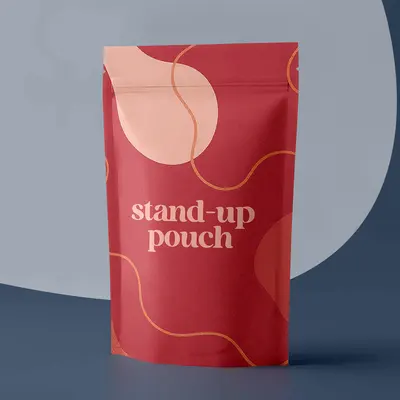 Compostable Stand Up Pouches shown at an angle that reveals the depth of the pack