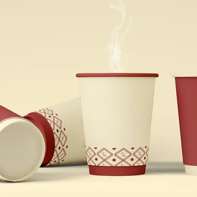 Custom Double Wall Paper Cups shown in a retail presentation setting
