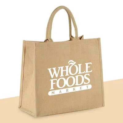 Custom Jute Tote Bags shown as a finished custom-printed pack