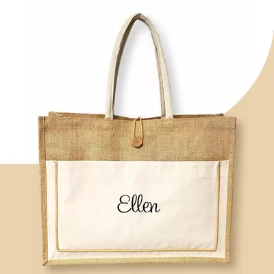 Custom Jute Tote Bags photographed from a second angle showing the side panel