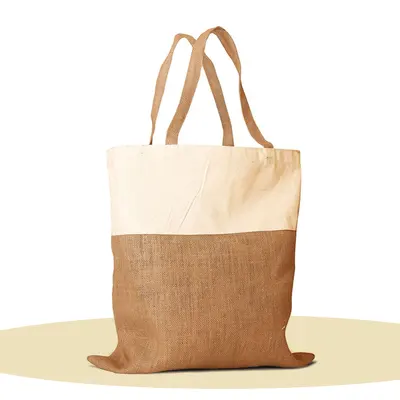 Custom Jute Tote Bags shown at an angle that reveals the depth of the pack