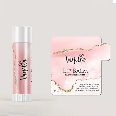 Custom Lip Balm Labels photographed from a second angle showing the side panel