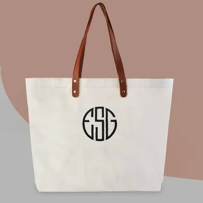 Custom Monogrammed Tote Bags photographed from a second angle showing the side panel