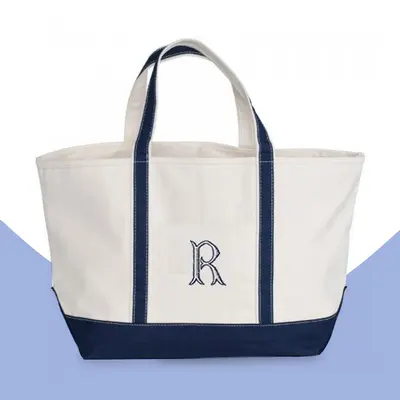 Custom Monogrammed Tote Bags shown at an angle that reveals the depth of the pack