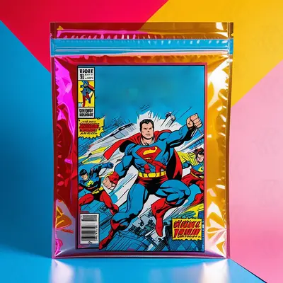 Custom Mylar Comic Bags photographed from a second angle showing the side panel