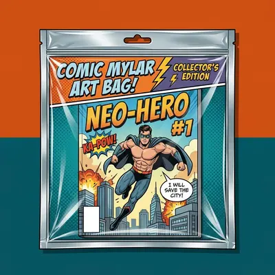 Custom Mylar Comic Bags presented alongside its printed surface detail
