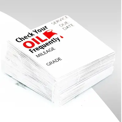Custom Oil Change Stickers photographed from a second angle showing the side panel
