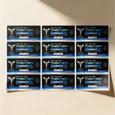 Custom Peptide Vial Labels photographed from a second angle showing the side panel