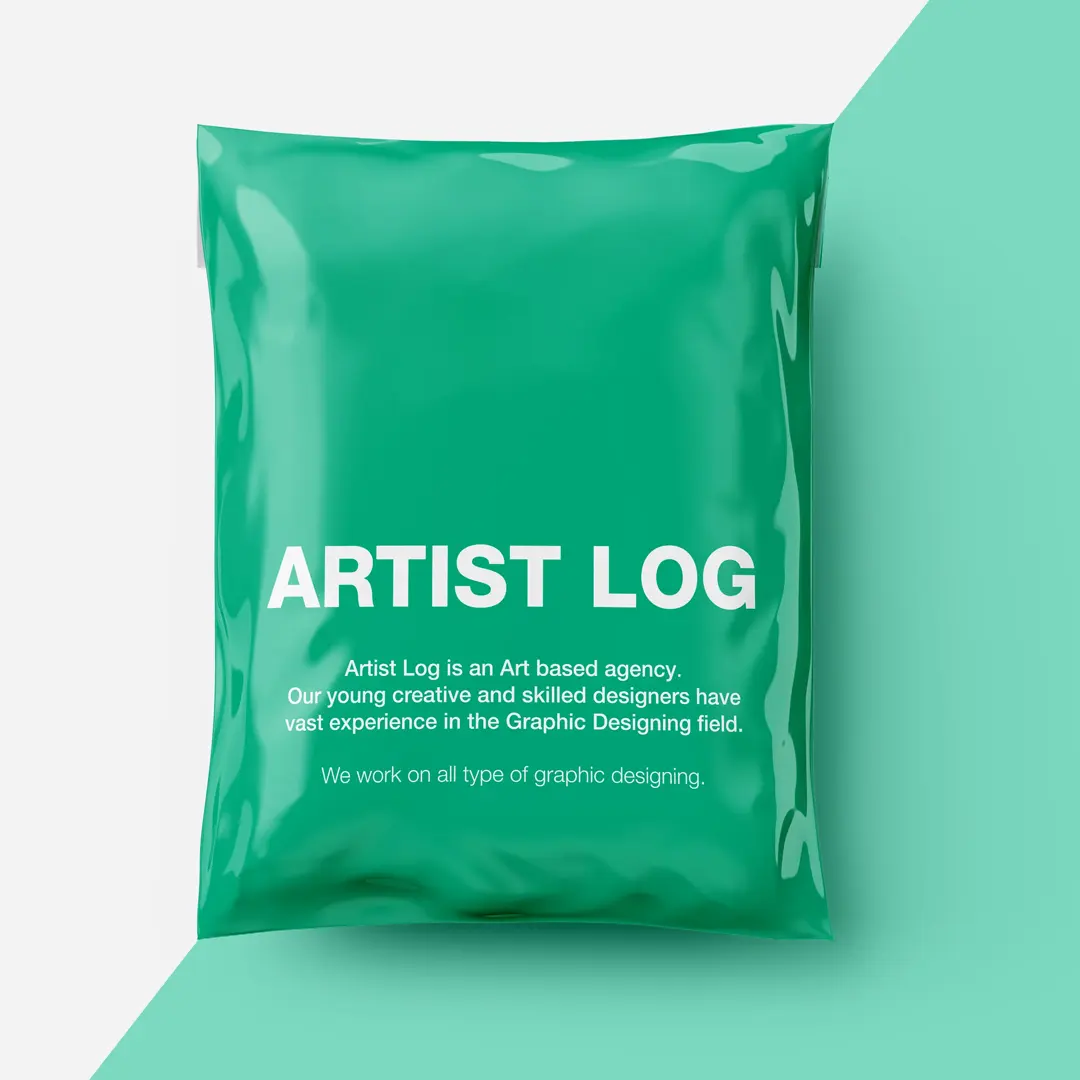 Printed poly mailers showing flexographic solid colour coverage on film