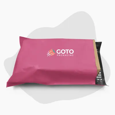Custom Poly Mailers shown at an angle that reveals the depth of the pack