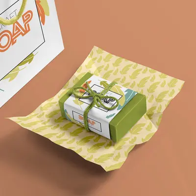 Customized Soap Wraps shown at an angle that reveals the depth of the pack