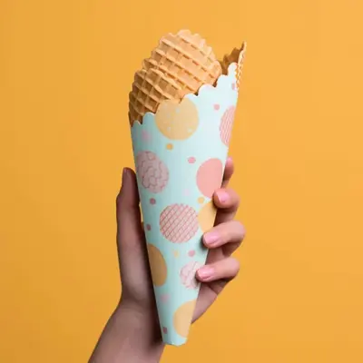 Customized Sugar Cone Sleeves photographed from a second angle showing the side panel