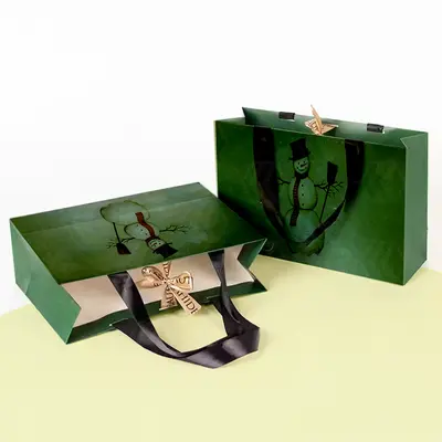 Drawstring Christmas Gift Bags photographed from a second angle showing the side panel
