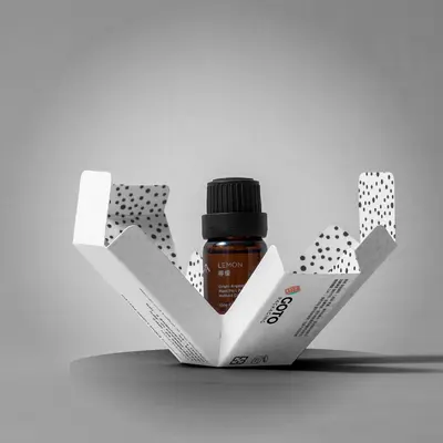 Essential Oil Boxes presented alongside its printed surface detail