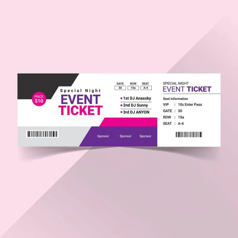 Event Tickets photographed to show finish and proportion