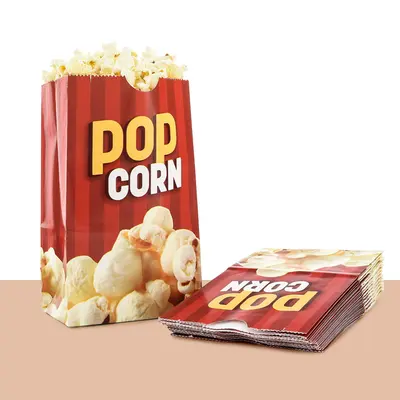 Flat Bottom Popcorn Bags photographed from a second angle showing the side panel