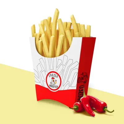 French Fries Containers shown as a finished custom-printed pack
