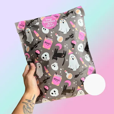 Halloween Poly Mailers presented alongside its printed surface detail