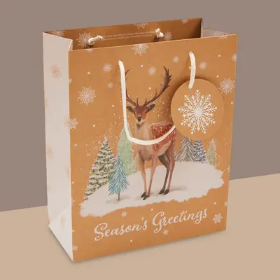 Kraft Christmas Gift Bags shown at an angle that reveals the depth of the pack
