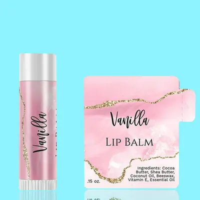 Lip Balm Labels shown as a finished custom-printed pack