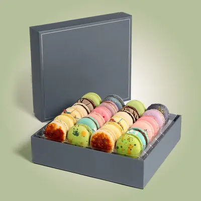 Macaron Boxes displayed with the closure detail visible