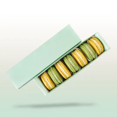 Macaron Boxes shown at an angle that reveals the depth of the pack
