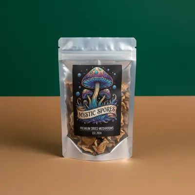 Mushroom Mylar Bags shown as part of a matched packaging set