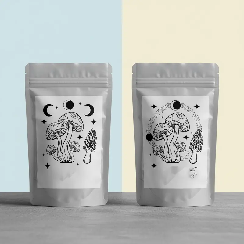 Mushroom Mylar Bags photographed to show finish and proportion
