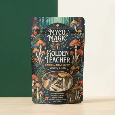 Mushroom Mylar Bags presented alongside its printed surface detail