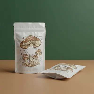 Mushroom Mylar Bags shown in a retail presentation setting