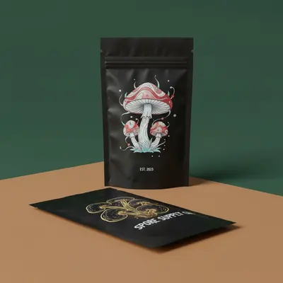 Mushroom Mylar Bags displayed with the interior structure visible