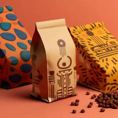 Mylar Coffee Bags photographed from a second angle showing the side panel
